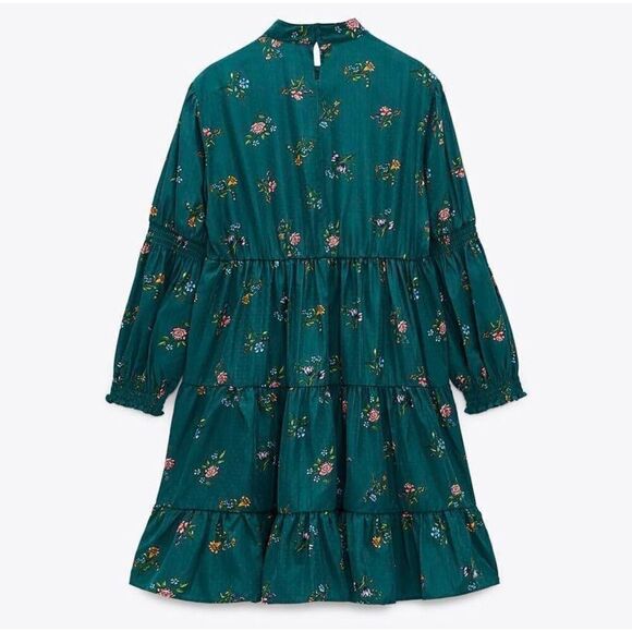 ZARA Retro Vintage Deep Emerald Green Floral Print Mini Dress - Picture 4 of 12